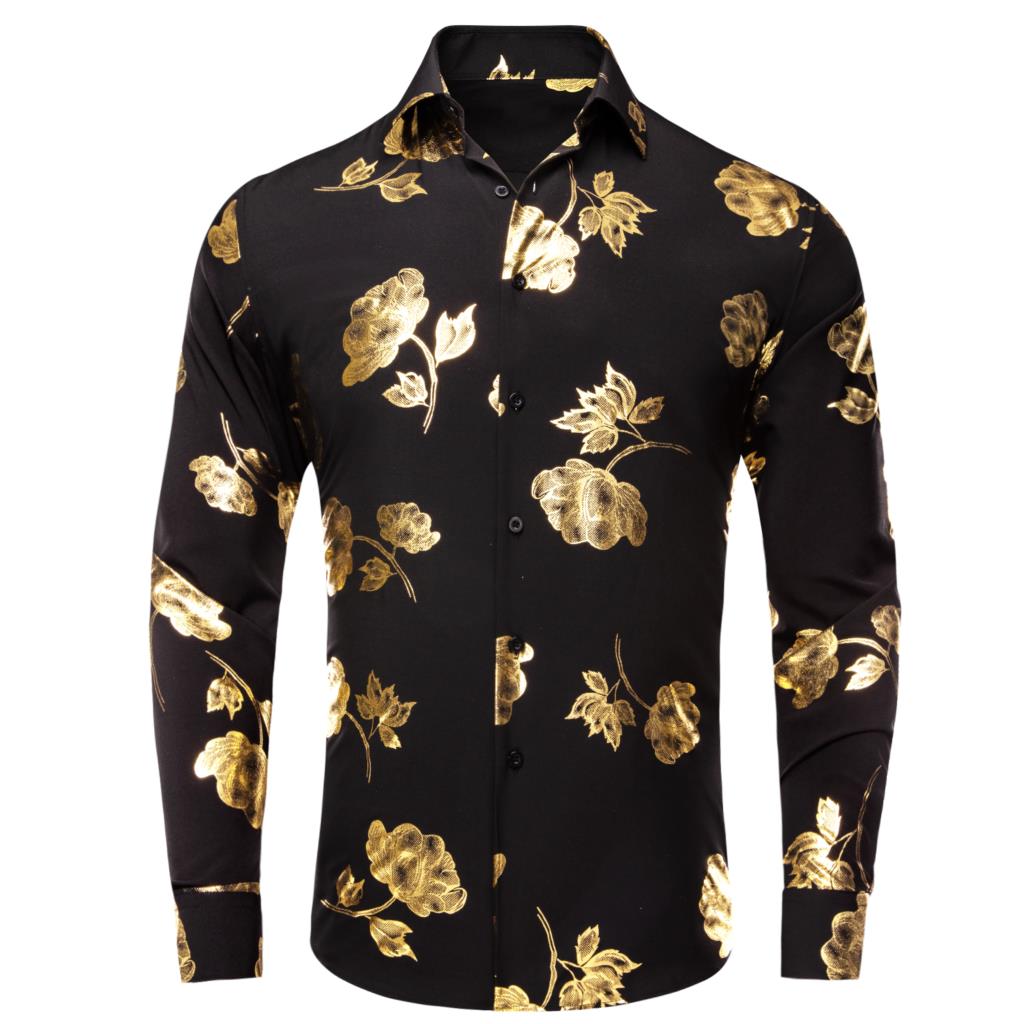 Mens Satin Silk Dress Shirt - Hi-Tie-camisa de seda negra y dorada