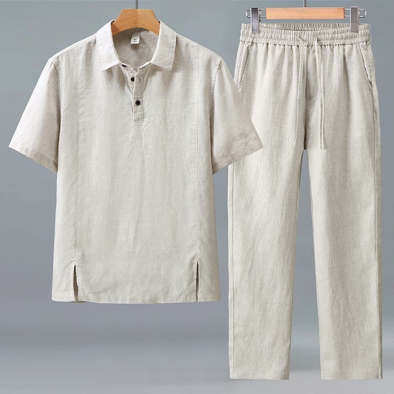 Mens Linen Shirt Long Sleeve - Conjunto de Dos Piezas de Primavera/Verano,