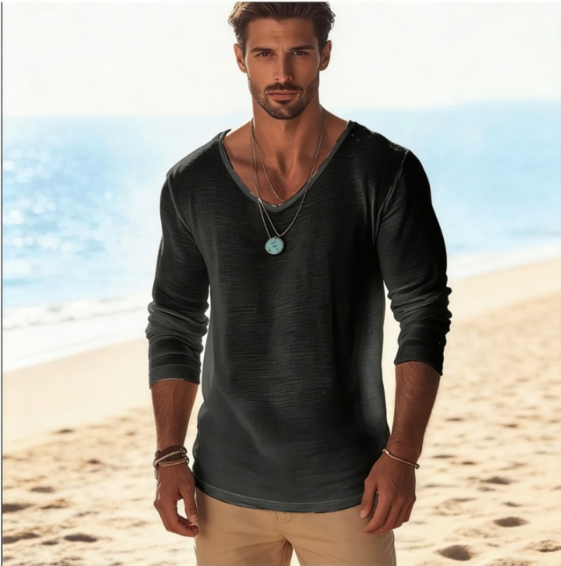 Mens Linen Shirt Long Sleeve - Camiseta de Manga Larga con Cuello