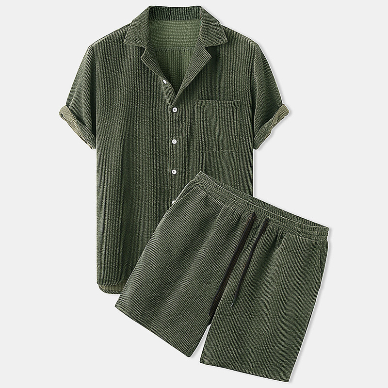 Corduroy Button Up Shirt Men - Conjunto de camisa y pantalones cortos